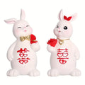 Wedding Rabbit Couple Resin Sculpture with Gold Bow Tie and Necklace White Bunny Figurines Holding Red Ring Boxes
