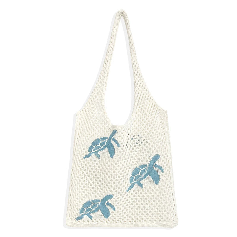 Summer Rusebale Turtle Hollow Knitted Women Shoulder Tote Bag Washable Knit Beach Bag Crochet Mesh Shopping Bag