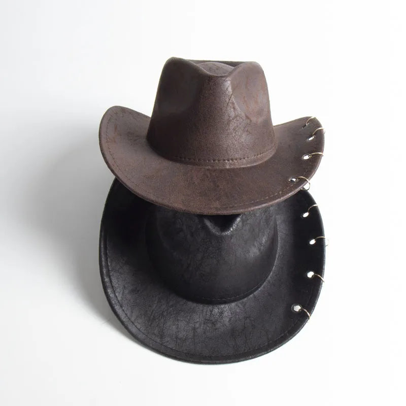 Western Ring Buckle Decoration PU Leather Cowboy Hats for Men Metal Rings Faux Leather Cowboy Hat