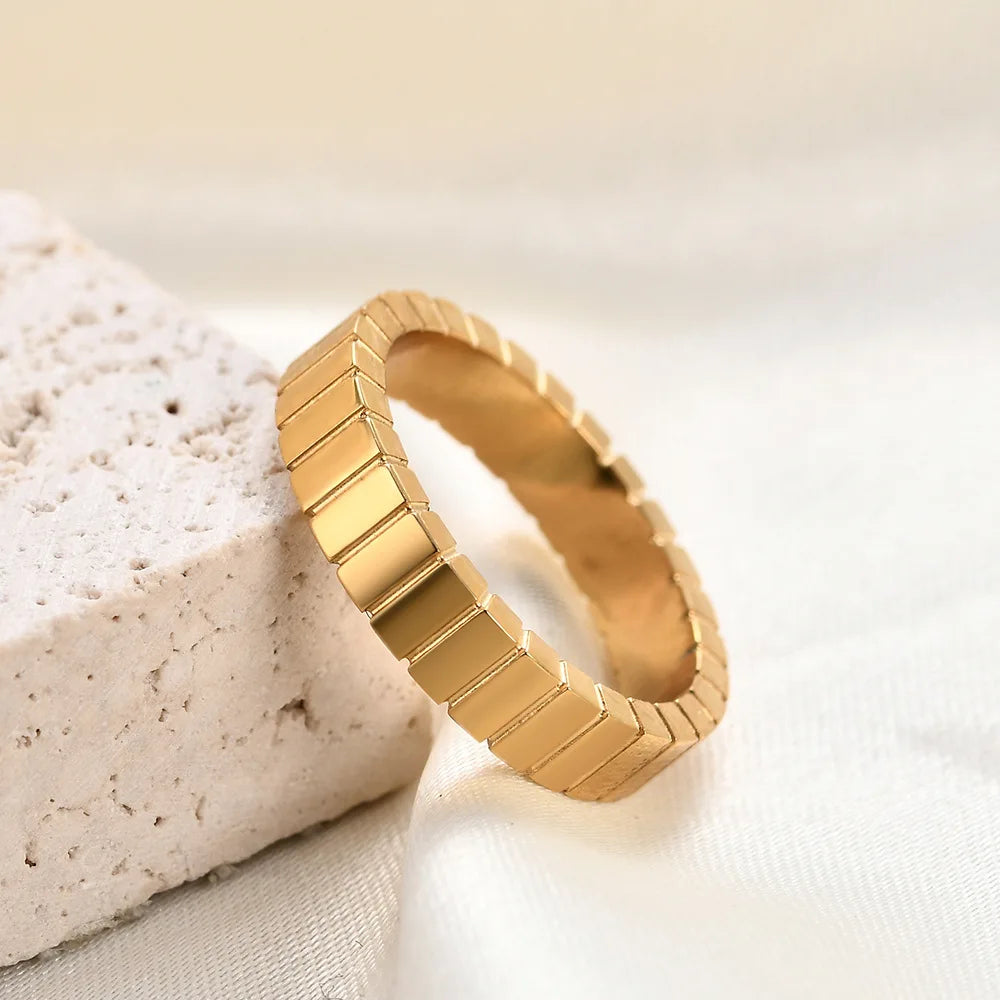 Ins Couple Ring Trendy and Non-fading Fashion Cool Style Light Luxury Ring Simple Striped square Steel Ring for Women