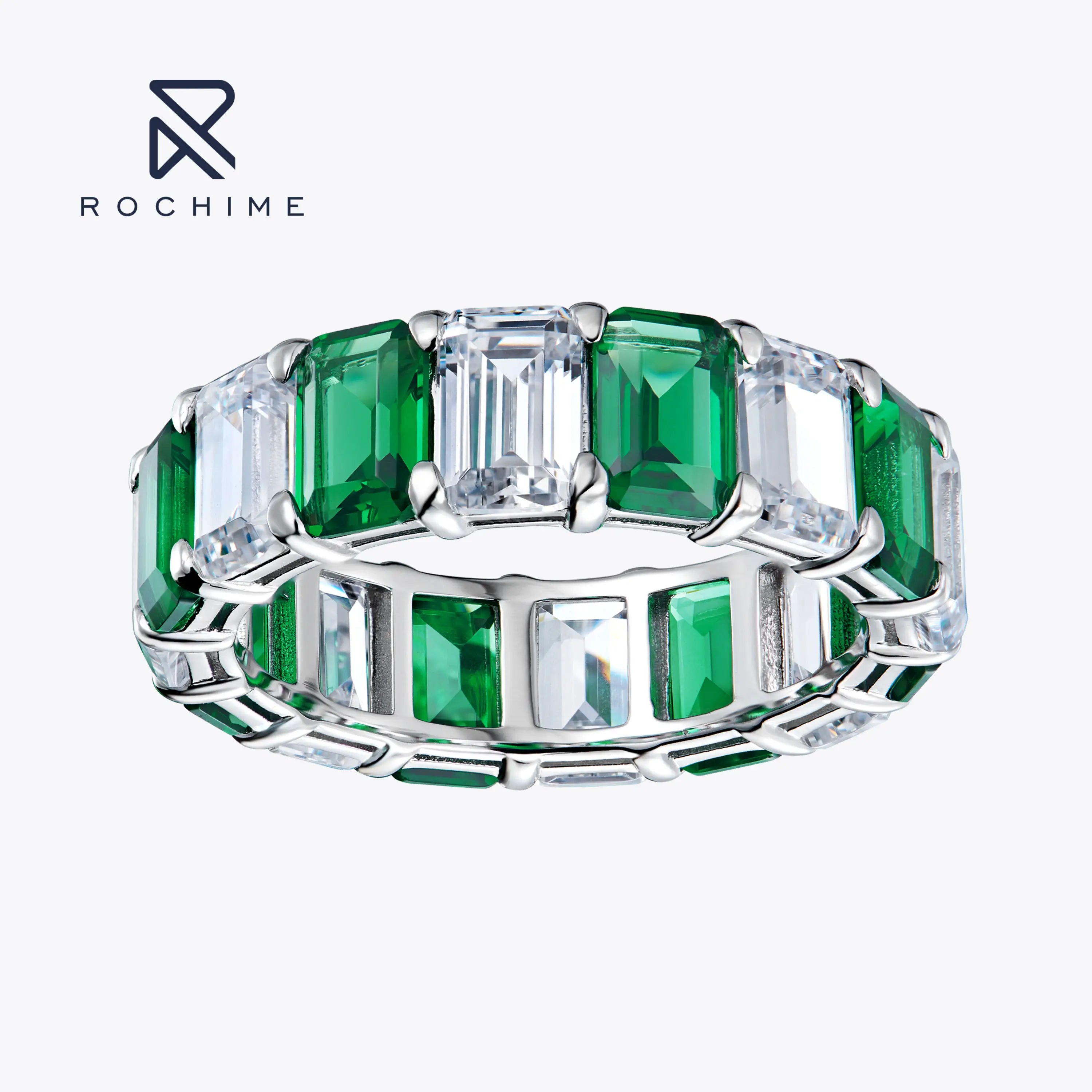Rochime Prong Set Emerald Wedding Band  925 Sterling Silver Rhodium Plated 5a Zircon Rings for Women
