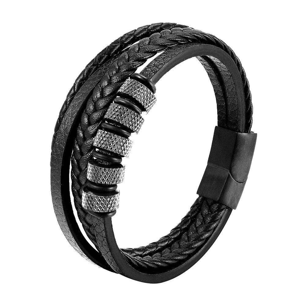 Custom Logo Multi Layer Leather Bracelet Punk Black Braid Leather Bracelets and Metal Accessories Bracelet for Men Jewellery