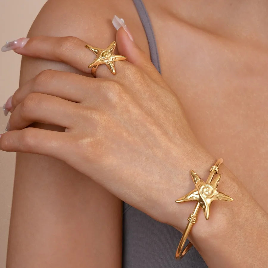 Hot Selling 18K Gold Plated Starfish Cuff Bracelet Ring Set Waterproof Stainless Steel Fashion Jewelry with Non-Tarnish Quality