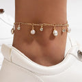 Gold Plated Boho Pearl Tassel Bracelet Anklet Rhinestone Drop Charms Summer Beach Ankle Bracelet Simple Foot Chain Jewelry