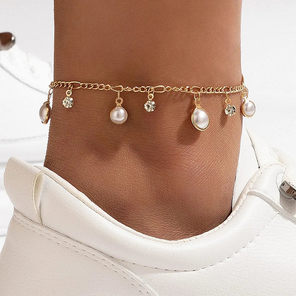 Gold Plated Boho Pearl Tassel Bracelet Anklet Rhinestone Drop Charms Summer Beach Ankle Bracelet Simple Foot Chain Jewelry