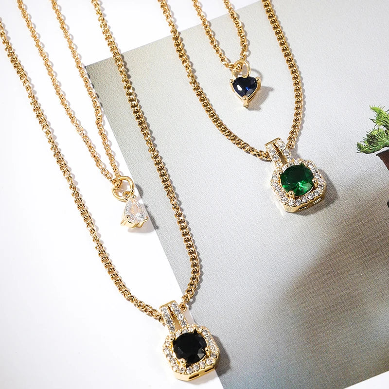HOVANCI Vintage Style Square AAA Zircon Necklace Black Heart Rhinestone Gemstone Pendant Stone Necklace for Women