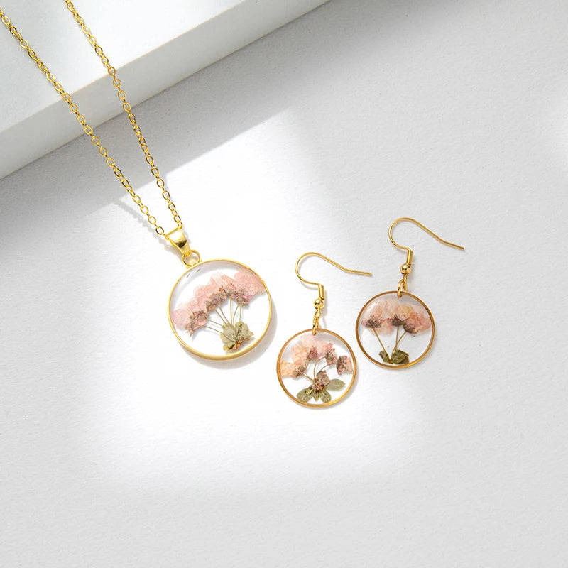 Fashion Gold Jewelry Hook Drop Dangle Earrings Natural Real Flower Dry Flowers Earring Resin Pendant Necklace Set for Women