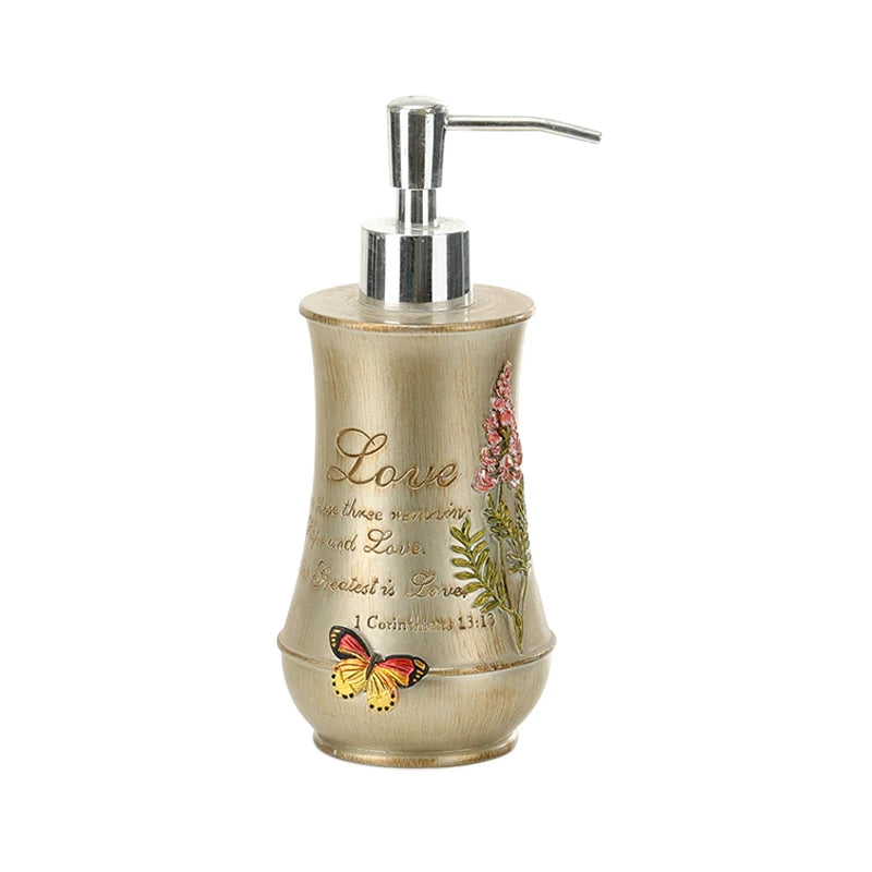 Luxspire Design High End Eco-Friendly Resin Lotion Dispenser Refillable Shampoo Container Blessing Words Embossment Flower Hand