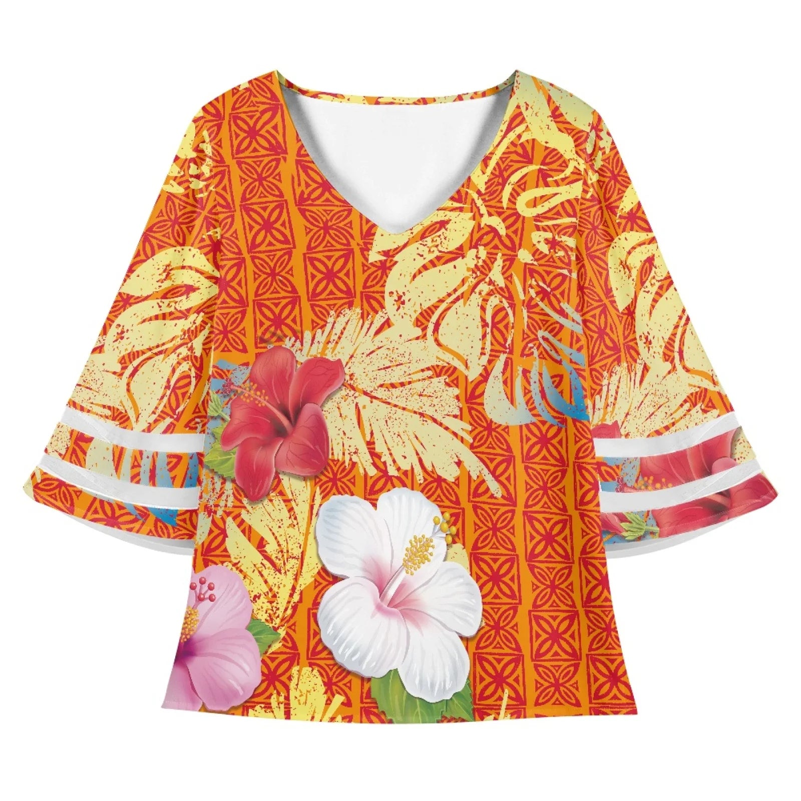Orange Custom Printed Hawaiian Shirt Tapa Tropical Monstera Leaf Elegant Ladies Chiffon Blouse Vintage Women's Tops and Blouses