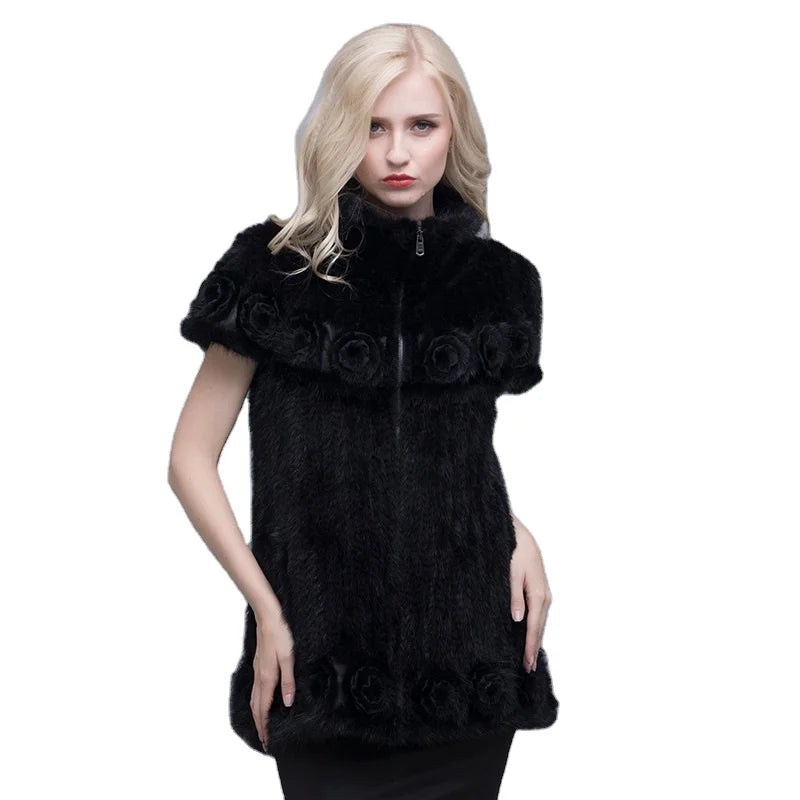 MWFur Fashion Mink Knitted Coat with Rosette Decoration MS.Minshu Fur Gilet for Ladies Mink Fur Vest for Girls