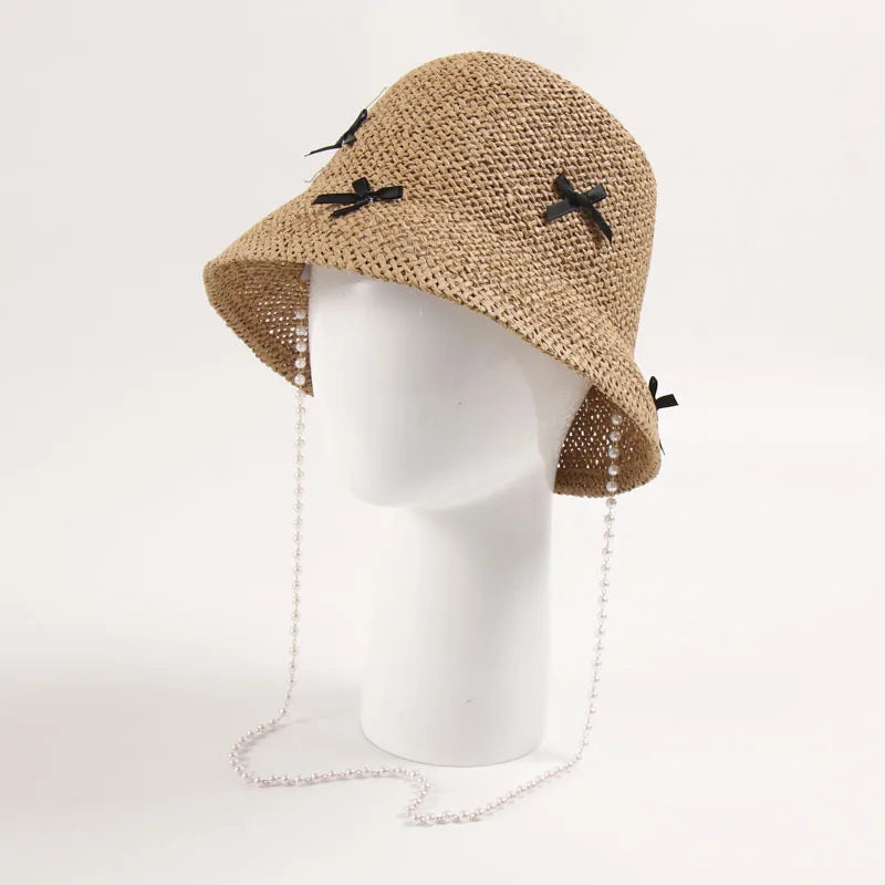 New Design Summer Women Custom Logo Bow-Knot Decorate Crochet Bucket Paper Straw Hats Beach Hats With Pearl Chain