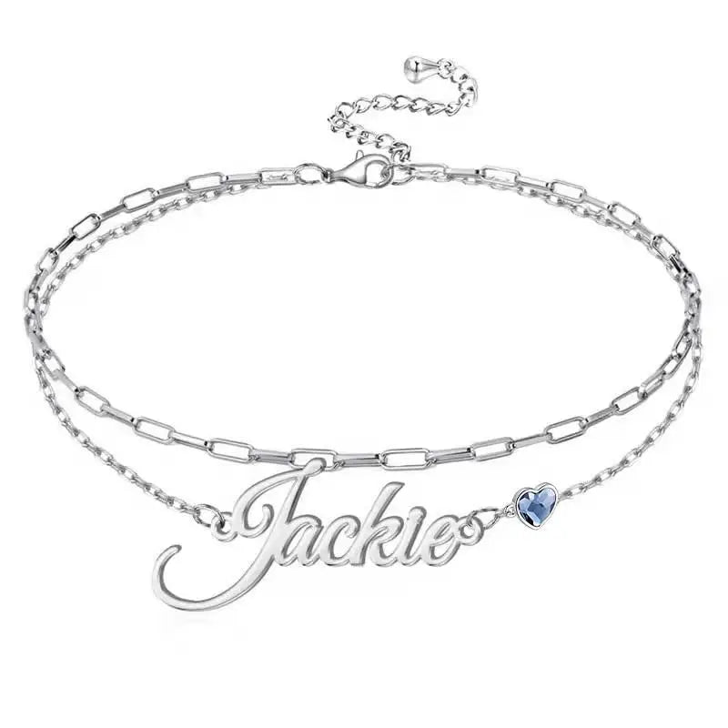 925 Sterling Sliver Women Custom Personalized Name Layered Ankle Bracelet With Heart Birthstone