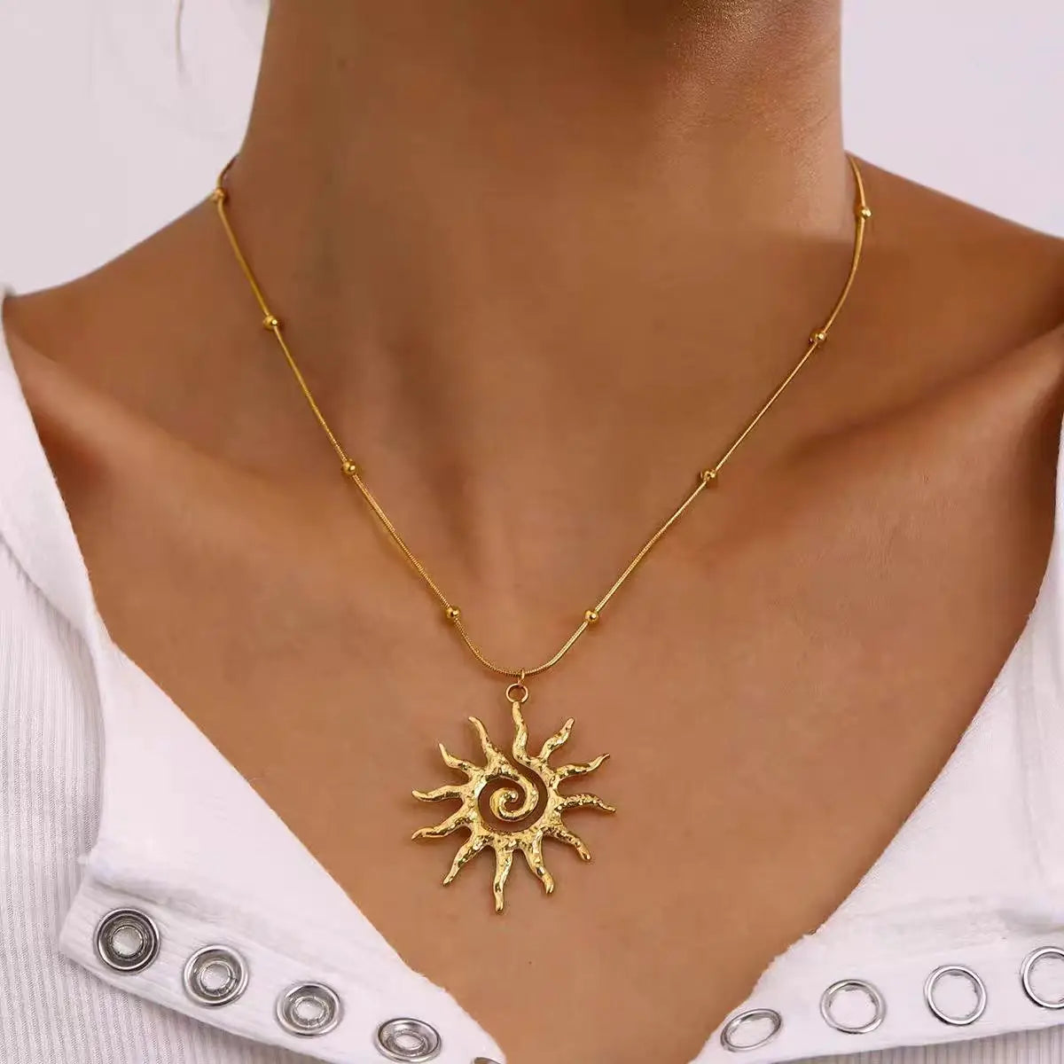 Fashion Stainless Steel 18K Gold Plated Spiral Sun Pendant Necklace Earrings Waterproof Women  Daily Jewelry