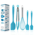 2024 BPA Free 5-Pcs Nonstick Silicone Cooking Accessories Steel Spatula Scraper Egg Beater Brush Tong Set Kitchen Baking Tools