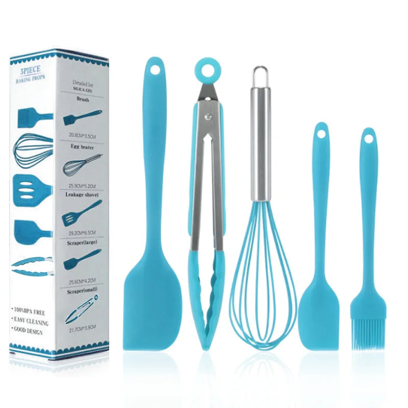 2024 BPA Free 5-Pcs Nonstick Silicone Cooking Accessories Steel Spatula Scraper Egg Beater Brush Tong Set Kitchen Baking Tools