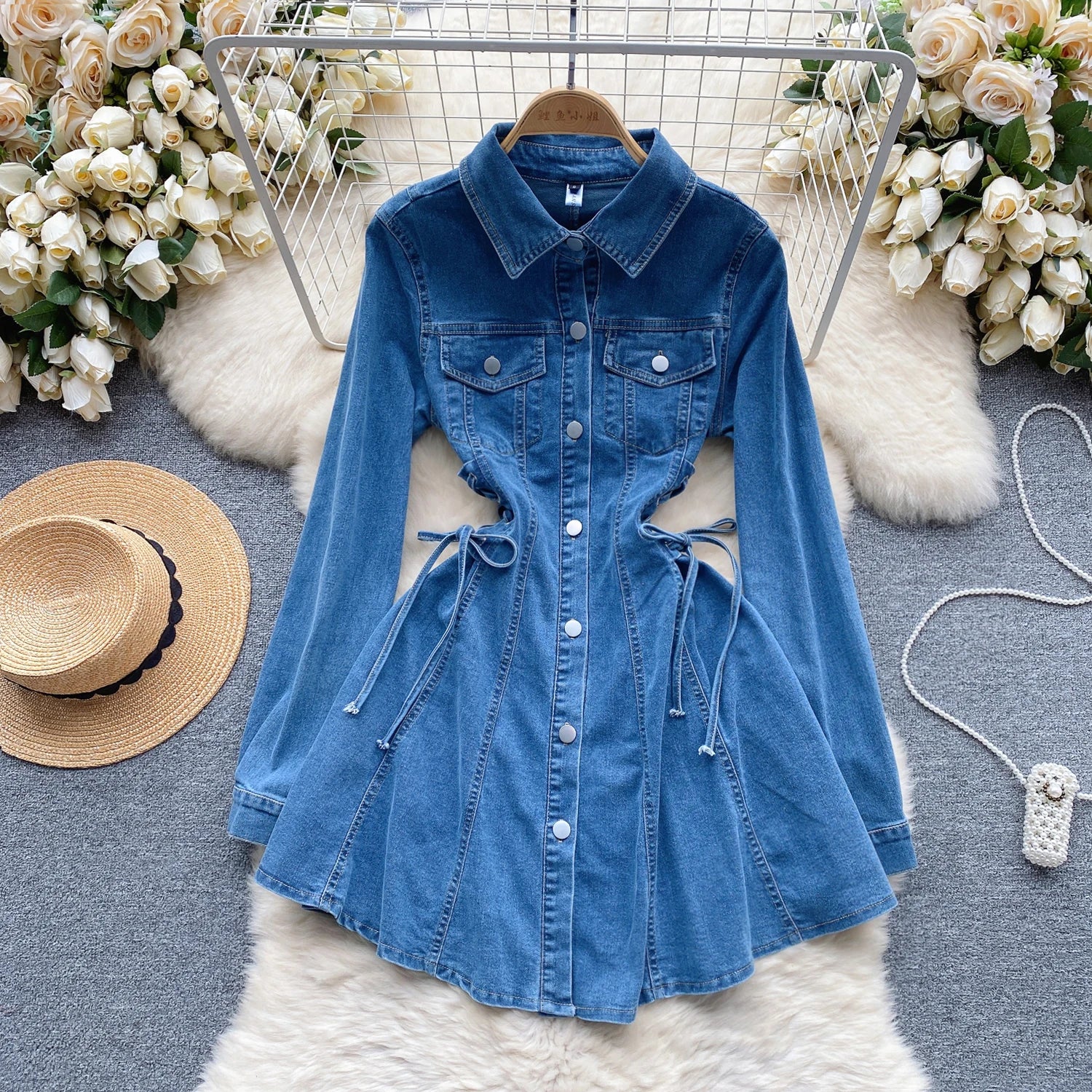 Vintage Tunic Slim Bandage Casual Midi Dress for Women Empire Denim Dress