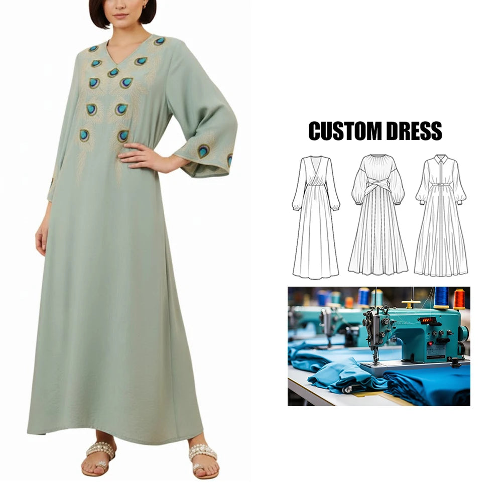 Brand Customization Elegant Embroidered Polyester Autumn Muslim Women's Middle Eastern Ankle Length Abaya Dress Gowns