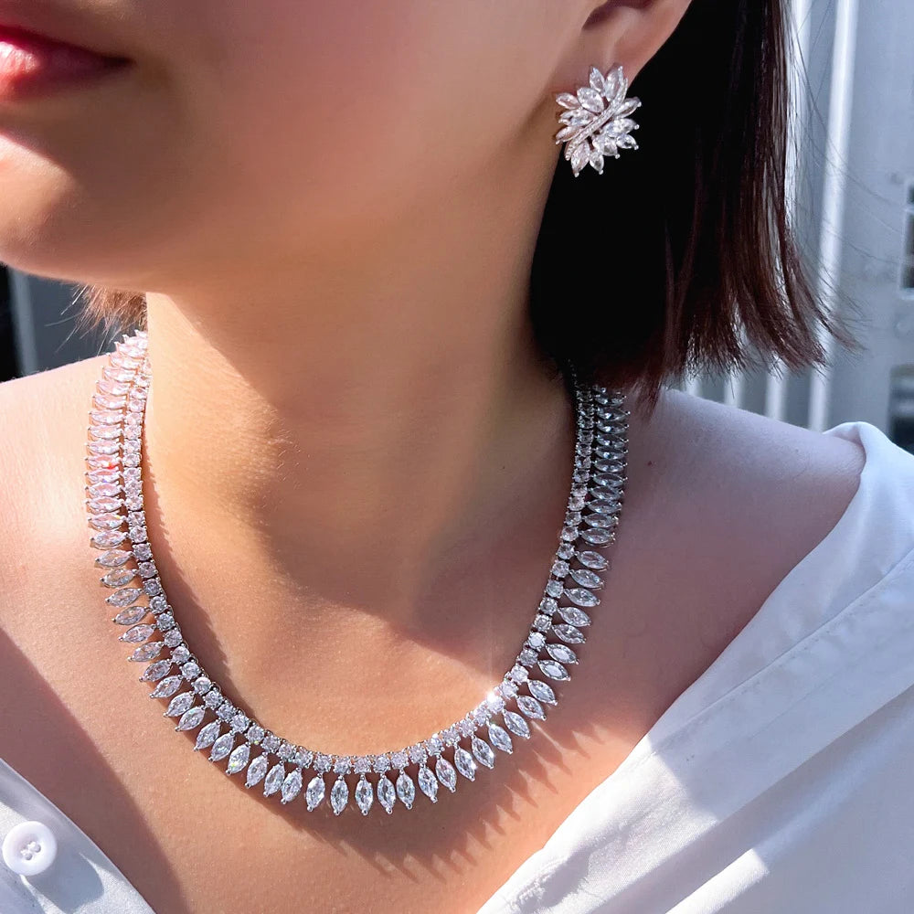 Sparking White Marquise Cut Cubic Zircon Choker Necklace and Earrings Wedding Bridal Super Luxury Jewelry Set for Women