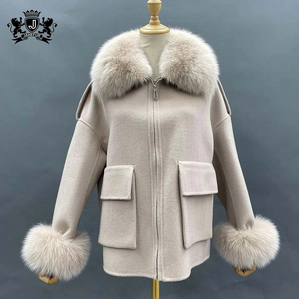 Janefur Factory Wholesale Winter Loose  Fur Jackets Wool and Fox Fur Jackets With Pockets Women Cashmere Coats