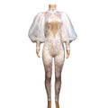Elegant Print Crystal Rompers Dancer Stage Performance Costume Club Party Bodysuit Festival Outfit Women Rhinestones Jumpsuit