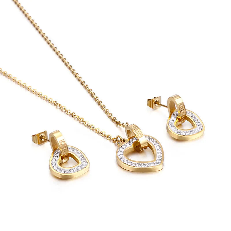 Cubic Zircon CZ Heart Necklace Earrings Jewelry Set Stainless Steel 18K Gold Plated Jewelry Set for Women