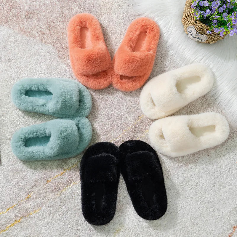 Fashionable Female Winter Antiskid Kids Fluffy Indoor Non-Slip for Slippers Cute Plush Cotton One Word Design for Home Use