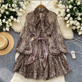 Women's Scarf Tie Waist Lantern Sleeve Leopard Mesh A-Line Short Dresses