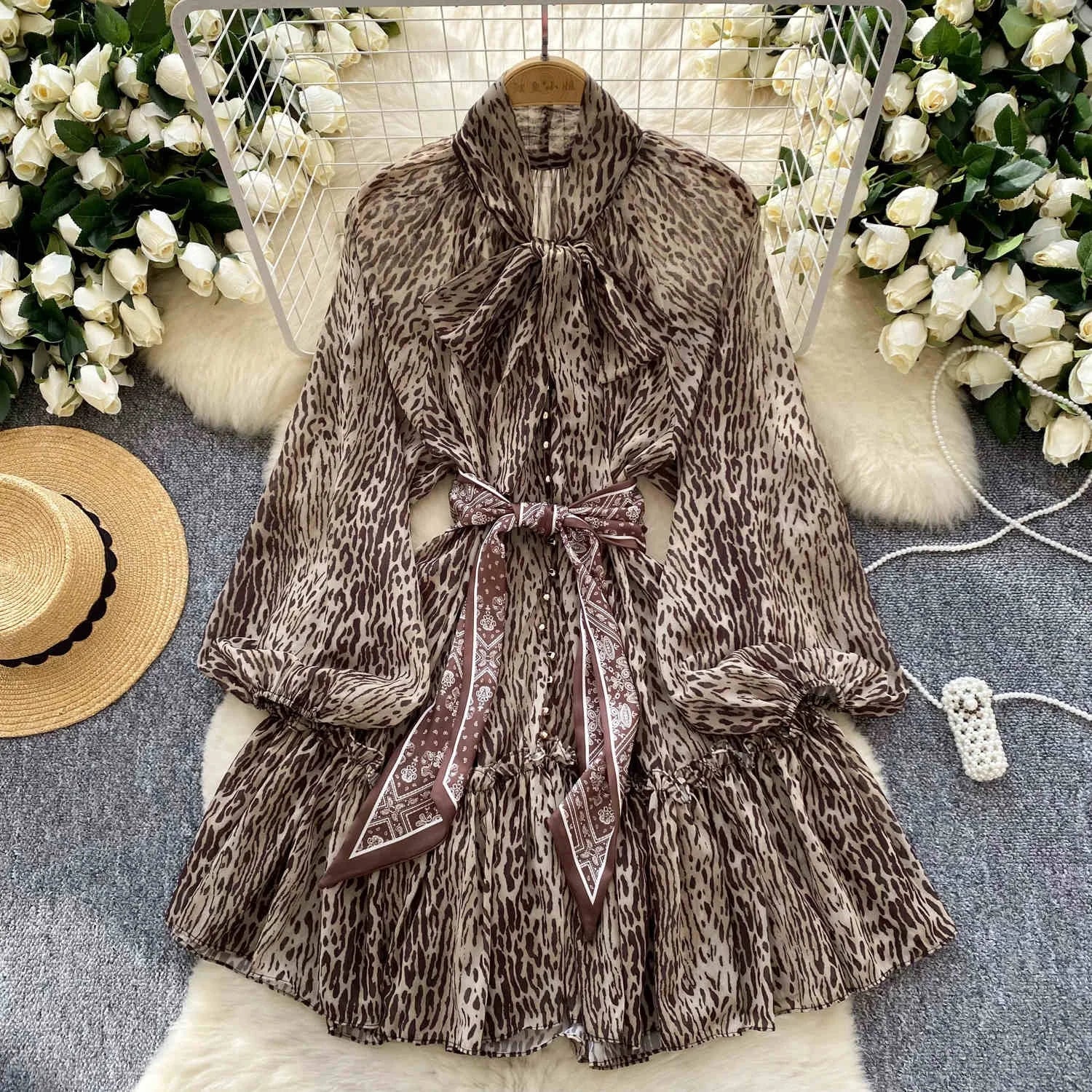 Women's Scarf Tie Waist Lantern Sleeve Leopard Mesh A-Line Short Dresses