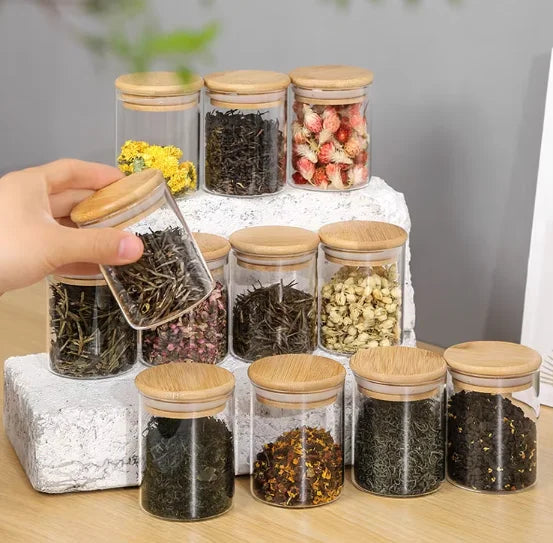Empty Borosilicate Bamboo Kitchen Pasta Spice Food Canister Containers Glass Storage Jar with Airtight Bamboo Lids