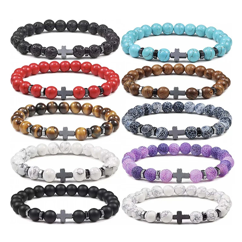 Hot Fashion 8mm Healing Lava Stone Silver Hematite Cross Beads Bracelet Unisex Christian Bracelet for Men Women for Wedding Gift
