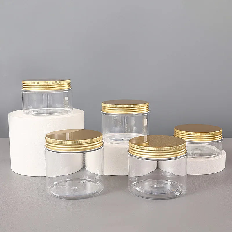 New Cosmetic Packaging 80ml 100ml 120ml 150ml 180ml 200ml Food Grade PET Round Plastic Jars with Gold Plating Aluminum Lids