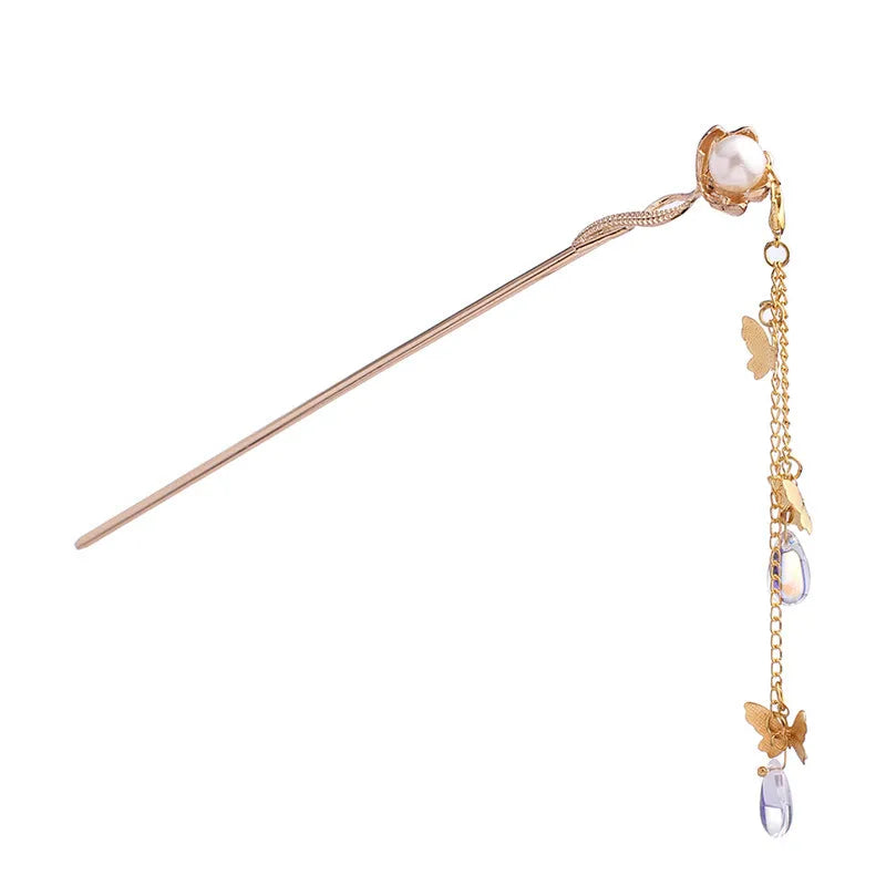 AA00296 Butterfly Flowers Chinese Hair Chopsticks Hairpins for Long Thick Hair Vintage Pearl Hair Stick Pins