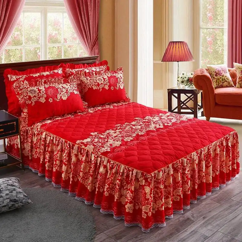 Red Polyester Textiles Cheap Quilted Sheet Set 1 Pieces Bed Skirt Printed Bedding Set