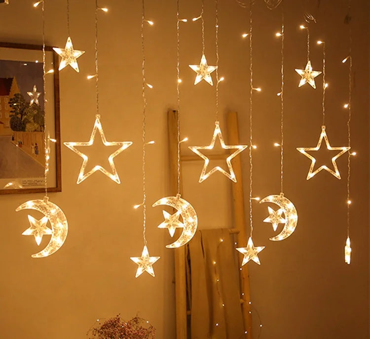 120LED Ramadan Christmas Moon Star LED Curtain Window Light String Waterproof for Outdoor Indoor Home Bedroom Decoration
