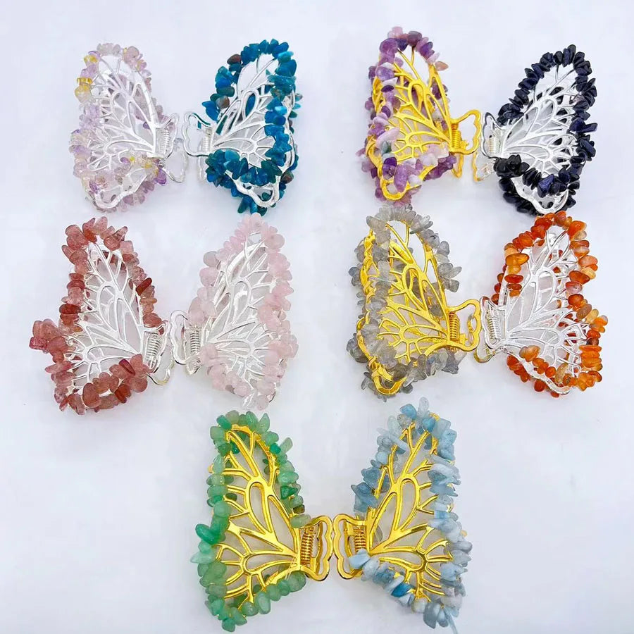 Fashion Jewelry Natural Butterfly Shaped Mixed Quartz Crystal Chips Hair Clips for Healing Stones Gift
