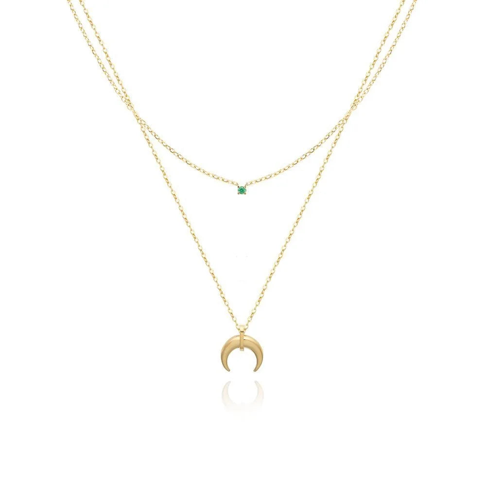 Fenny 18K Gold Plated Wholesale Fine Double Layer Crescent Green Zirconia Pendant Stainless Steel Necklace for Women
