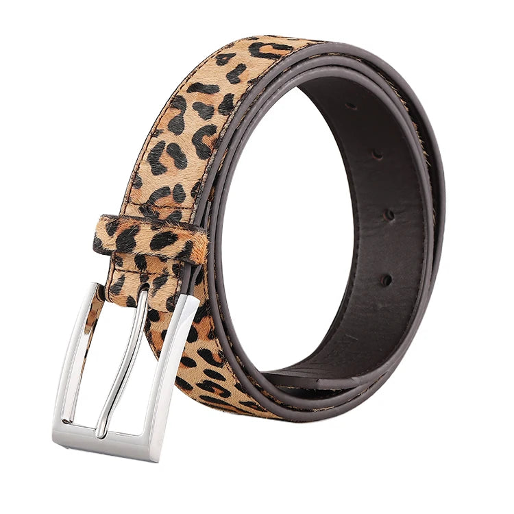 Custom Logo With Leopard Pattern  Wholesale Fashion Casual  Woman Horsehair Genuine Leather Belt
