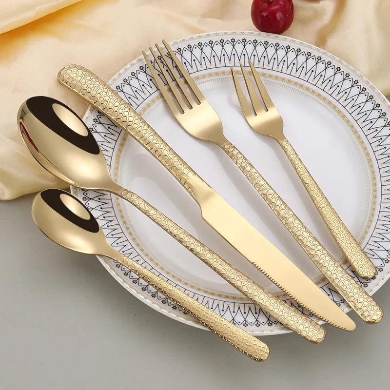 Hot Selling Stainless Steel Flatware Hammered Handle Silverware Knife Fork Spoon Gold Wedding Cutlery Set
