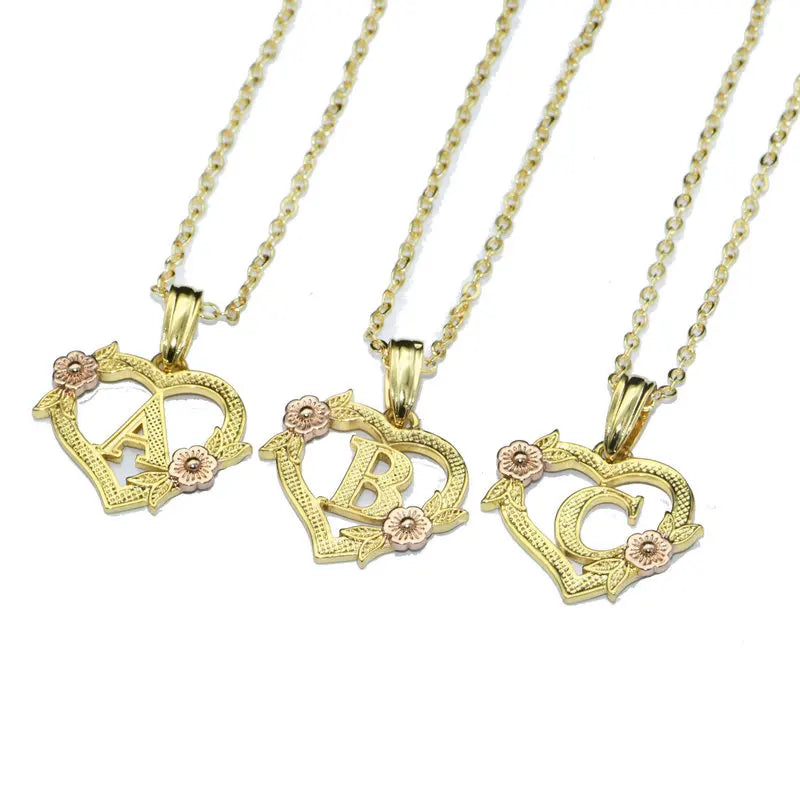 Latest Design A-Z Letters Inlay Heart Shape Rose Gold Flower Fashion Cute Women Pendant Necklace