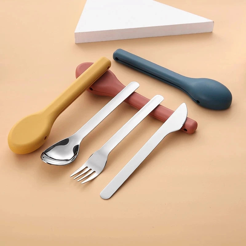 SUS304 Easy Carry Portable Western Silver Knife Fork Spoon Flatware Set Cutlery with Silicone Case