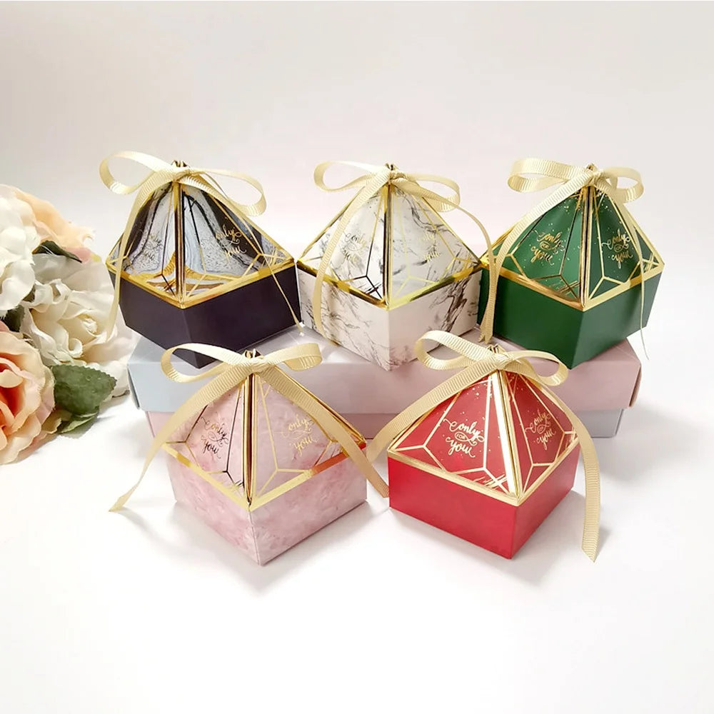 Gem Tower Pyramid Shaped Ribbon Paper Boxes Candy Chocolate Box for Wedding Party Decor Gift Sweet Packaging Box