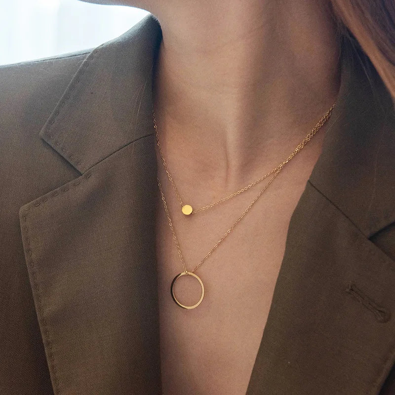 14K Gold Plated Stainless Steel Double Necklace Fashion Ring Pendant Valentine's Day Gift