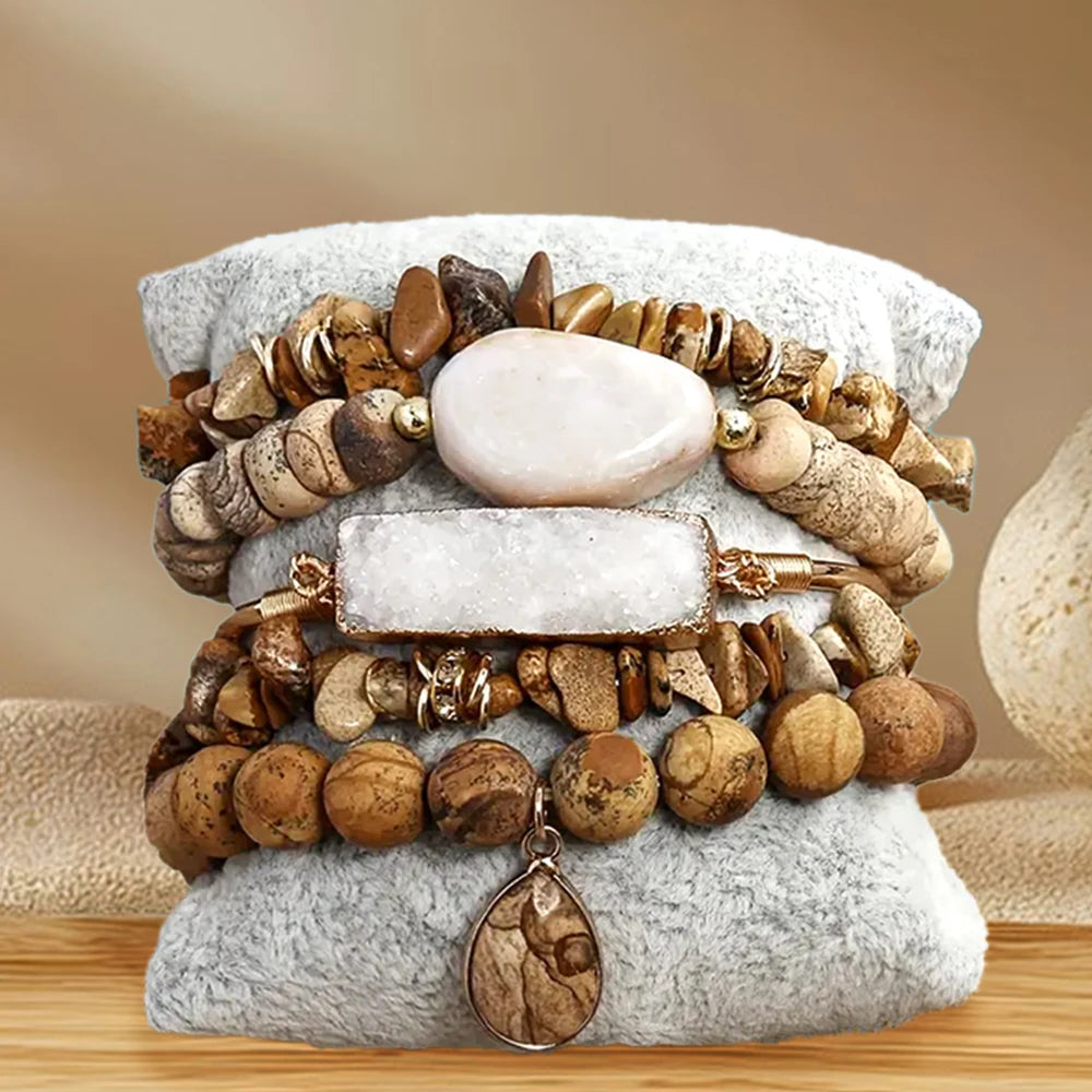 Women Elastic 5pc Custom Jewelry Natural Gemstone Crystal Stretch Bracelet White Druzy Bangle Stretch Cross Stack Bracelet Set