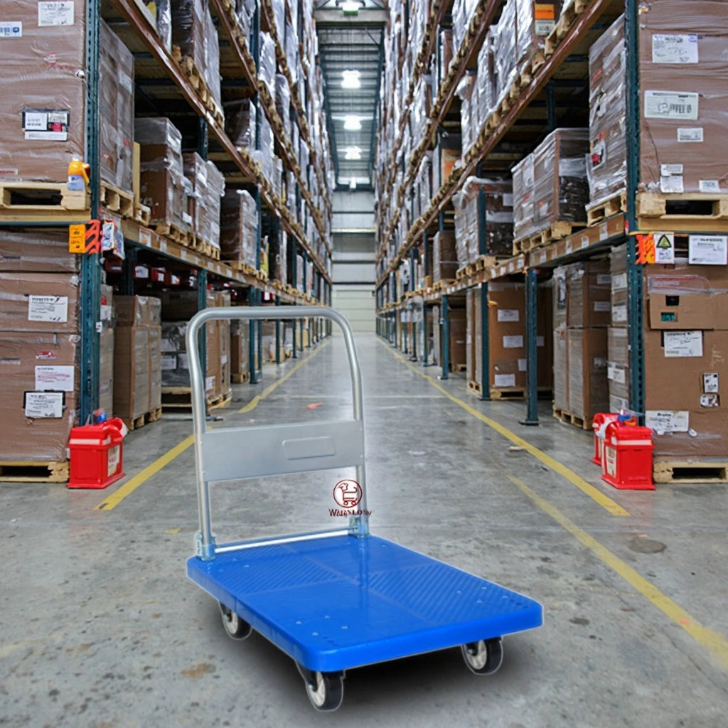 Heavy Duty Warehouse Transport Foldable Platform Hand Trolley Plastic Goods Carry Trolley 50-100kg Capacity Silver LFGB