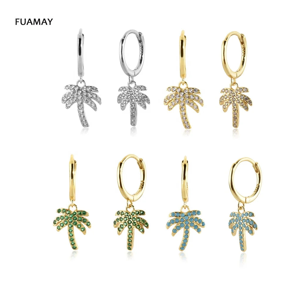 FUAMAY 2022 Guangzhou Fashion Earrings Gold Plated Green Turquoise Zircon Emerald Cut Coconut Palm Design for Parties Gifts