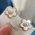 Natural Seawater Shell Inlaid Bread Shape Hypoallergenic Stud Earrings Gold Plated Silver Needle Design 5-6MM AAAA Grade Pearl