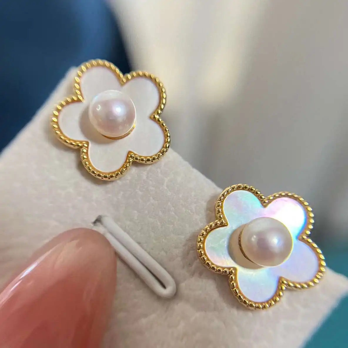 Natural Seawater Shell Inlaid Bread Shape Hypoallergenic Stud Earrings Gold Plated Silver Needle Design 5-6MM AAAA Grade Pearl