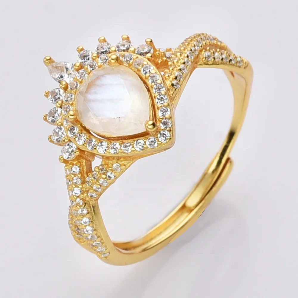 18k Gold Plated 925 Sterling Silver CZ Paved Kite Shape Gemstone Natural Rainbow Moonstone Engagement Rings for Women
