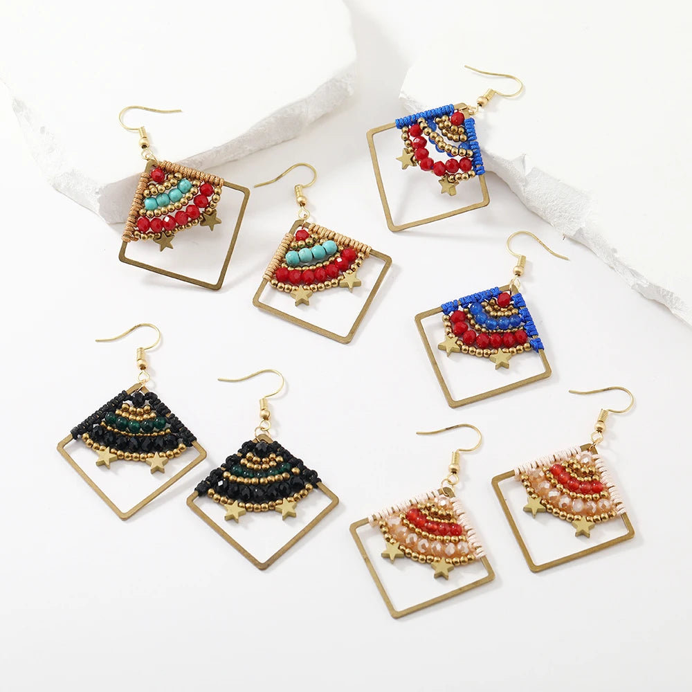 2023 New Trendy Bohemian Braided Rope Crystal Star Charm Hoop Earrings Handmade Copper Square Hollow for Weddings and Gifts