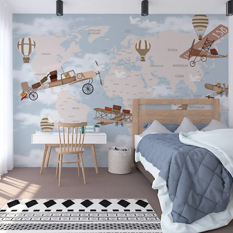 3D Cartoon Airplane Wallpaper for Children's Bedroom & Kindergarten Classroom Waterproof & Anti-Static Background Mural